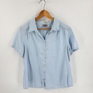 J. Jill 100% Linen Powder Blue Button Down Size L Petite Coastal Minimalist